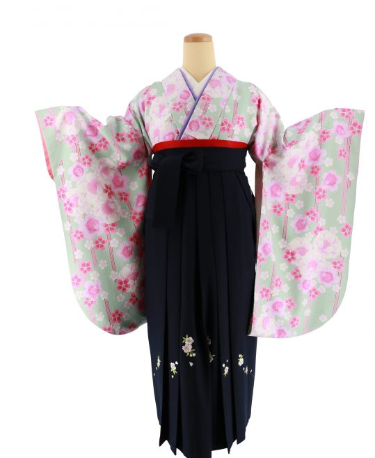卒業式袴レンタルNo.596[2Lサイズ]ミントグリーン×ピンクストライプ・桜